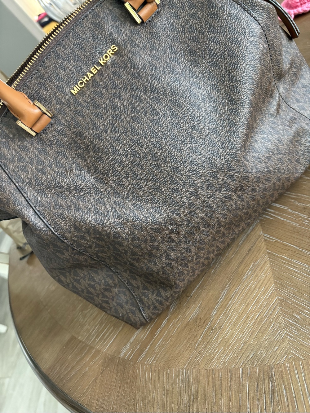 Michael Kors Brown MK Signature Satchel with Tan Handles - Picture 9 of 10